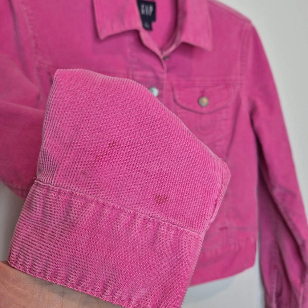 GAP Vintage Hot Pink Corduroy Cropped Trucker Jacket Y2K Barbiecore Pop Color S - Picture 4 of 11